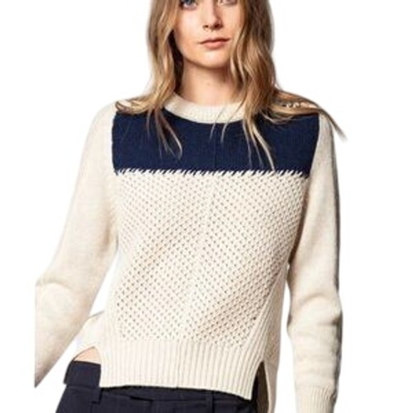 Zadig & Voltaire Rozenn Wool Cashmere Sweater Knit Cream Blue Womens Size Medium - Picture 1 of 10